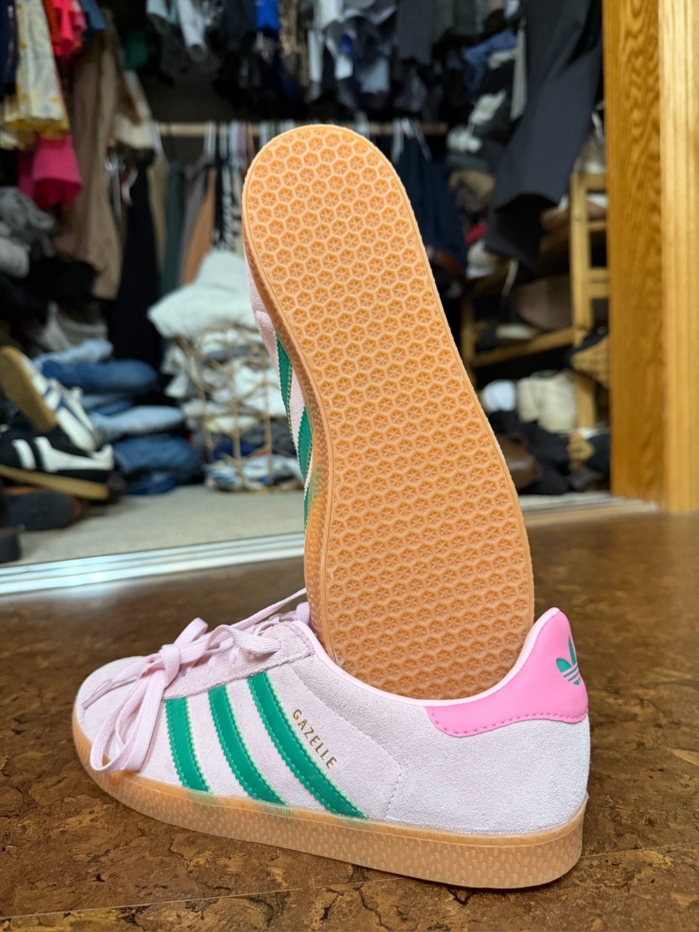 adidas Gazelle Pink with Green Stripes and Gum Sole - Picture 2 of 3